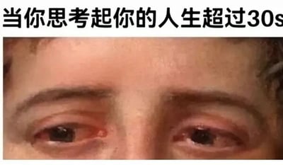 这是一张文字加注的静态单图，图的上方配有黑色文字“当你思考起你的人生超过30s”，下方是一张真人眼部特写照片，照片中的人双眼泛红，眼周呈现出肿胀的状态，眼神里满是疲惫、崩溃与无力感。这张图用夸张且真实的视觉效果，调侃了当代人在深入思考人生时，会很快被生活的压力、未来的迷茫等情绪裹挟，陷入崩溃无力的状态，能够精准戳中当代人的情绪痛点，引发广泛的情绪共鸣。