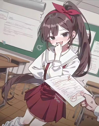 插画描绘了一位身穿白色水手服和红色百褶裙的女高中生，她留着长长的深棕色马尾辫，头上系着红色蝴蝶结。女生站在教室里，背景有绿色黑板和课桌椅。她右手托着下巴，脸上带着害羞的表情，脸颊泛红，左手正接过一张有红色批改痕迹的试卷。画面整体呈现出典型的日系动漫风格，线条流畅，色彩柔和，营造出校园生活中的一个日常瞬间。