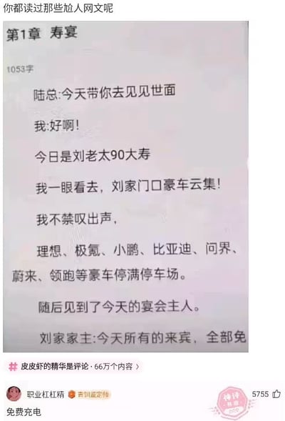 图片上方为提问“你都读过那些尬人网文呢”，下方是某网络小说第1章《寿宴》的节选截图。内容讲述“陆总”带“我”参加刘老太90大寿，“我”看到刘家门口“豪车云集”，并列举了理想、极氪、小鹏、比亚迪等多个国产新能源汽车品牌，将其称为“豪车”。截图底部有网友“职业杠精”的评论“免费充电”，通过将常见新能源汽车调侃为“豪车”制造尴尬又搞笑的效果，凸显网文内容的不真实感和尬点。