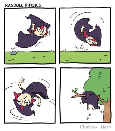 这是一幅四格卡通漫画，标题为“布娃娃物理效果（RAGDOLL PHYSICS）”，用夸张的表现手法还原游戏里的“布娃娃物理”机制：第一格中，穿着巫师长袍、戴着尖顶帽的小女巫飞行时没注意到地上的石头，露出惊讶的表情；第二格她被石头绊倒，开始像无生命的布娃娃一样失去控制地翻滚；第三格她的身体完全不受自身控制，做出吐舌头的滑稽动作，持续旋转；第四格她最终挂在了树枝上，树枝被压弯，还有树叶掉落，整个过程生动展现了角色受外力后呈现出松散、不受控的物理运动状态，充满搞笑效果。