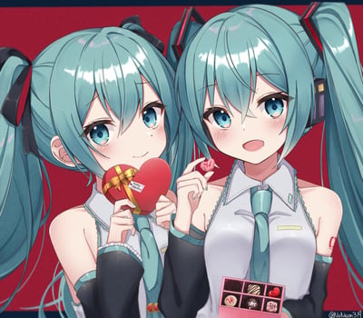 画面中呈现两位初音未来，左侧的初音系着黑色发带，双手捧着系有金色丝带的爱心礼盒，礼盒上贴着写有“Happy Valentine”的标签，面带温柔羞涩的微笑；右侧的初音是经典造型，手持一颗心形糖果，另一只手捧着装有各式巧克力的盒子，脸颊泛红，露出惊喜开心的表情。红色背景烘托出情人节的甜蜜氛围，整体画面充满了温馨可爱的气息。图中无谐音梗或双关内容。