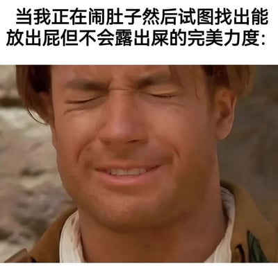图片上方配有文字“当我正在闹肚子然后试图找出能放出屁但不会露出屎的完美力度:”，下方是一张男人的面部特写截图。图中男子眉头紧锁，双眼紧闭，嘴角微张，表情痛苦又专注，仿佛正在经历极度的身体控制挑战。通过将日常尴尬的生理情境与人物夸张的表情结合，形成幽默效果，让人产生共鸣又忍俊不禁。