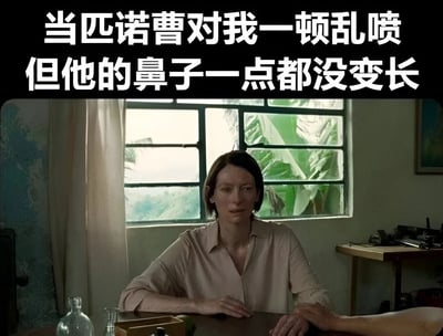 图片上方为黑色背景白色文字：“当匹诺曹对我一顿乱喷 但他的鼻子一点都没变长”，下方是电影场景截图，画面中一位女性坐在桌前，身着浅色衬衫，表情严肃地注视前方，背景有窗户和绿植。该梗图通过匹诺曹说谎鼻子会变长的经典设定，制造幽默反差——当匹诺曹“乱喷”（即说坏话）时鼻子却没变化，暗示其言论可能是真实的，从而产生讽刺和搞笑效果。
