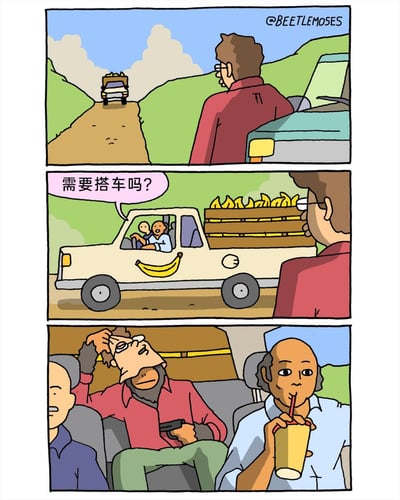 这是一则三格连环幽默漫画：第一格中，一名穿红色上衣、看似人类的角色站在抛锚的汽车旁，远处驶来一辆载满香蕉的小货车；第二格中，货车靠近，驾驶座上的人类司机热情地向他搭话：“需要搭车吗？”，货车车身印有香蕉标志，车厢里装满了香蕉；第三格的剧情出现反转，这名搭车的“人类”坐上货车后，掀开了自己的人皮面具，露出了猩猩的真面目，而一旁的人类司机则淡定地喝着饮料，打破了“猩猩与香蕉关联”的常规认知，用荒诞的反转制造笑点。