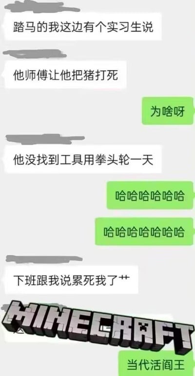 这是一张聊天记录截图，内容讲述了一个搞笑故事：某人提到自己这边的实习生被师傅要求“把猪打死”，结果实习生没找到工具，用拳头打了一天猪，下班时累得不行。对话中另一方先是疑惑“为啥呀”，随后连续发送“哈哈哈哈哈哈”表示爆笑，最后调侃实习生为“当代活阎王”。图片底部有《Minecraft》（我的世界）的游戏 logo，可能暗示“猪”是游戏中的生物，增加了幽默效果。