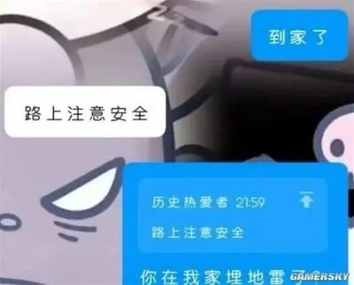 图片中展示了一个带有严肃表情的卡通角色，背景中叠加了类似聊天界面的元素。上方白色气泡显示'路上注意安全'，右上角蓝色气泡写着'到家了'，中间偏下的蓝色聊天框显示'历史热爱者 21:59 路上注意安全'，底部则有文字'你在我家埋地雷'。整体通过日常安全提醒与'埋地雷'的意外转折形成幽默反差，营造出搞笑调侃的效果。