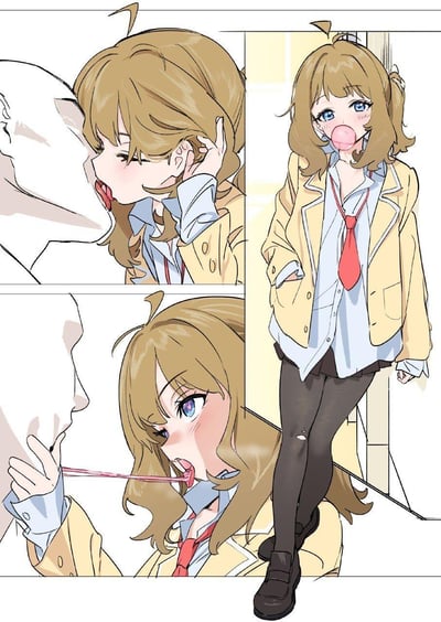 这是一幅三格动漫风格漫画，描绘了一位穿着黄色校服外套、白色衬衫和红色领带的棕发蓝眼女高中生的不同日常场景。左上格展示女孩与一位无脸男性角色接吻的特写；左下格呈现女孩用粉色糖果喂同样无脸男性角色的画面；右格则是女孩站立着吹粉色泡泡糖的全身像。画风细腻，色彩明亮，展现了少女的青春活力与可爱气质。