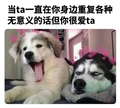 图片上方配有文字“当ta一直在你身边重复各种无意义的话但你很爱ta”，下方是两只戴着粉色爱心装饰的狗狗。左边的白色狗狗张着嘴吐舌头，表情兴奋活泼，仿佛正在不停说话；右边的哈士奇则眼神略带无奈，耳朵耷拉，呈现出一种“虽然被吵但依然包容”的神态。整体画面通过狗狗的反差表情，幽默地展现了对亲近之人的包容与喜爱。
