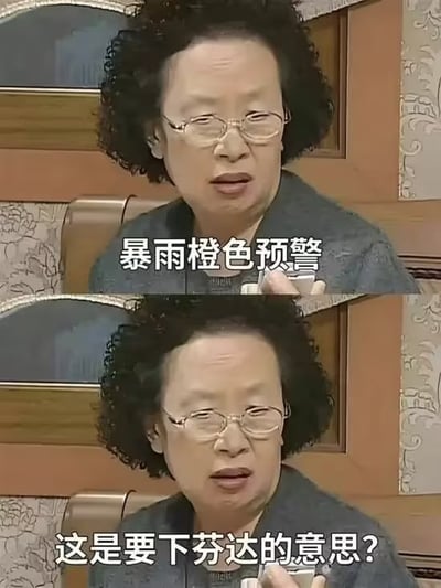 本图将气象用语“暴雨橙色预警”与橙色饮料“芬达”搞笑结合，利用“橙色”一词进行双关谐音梗的吐槽。下方问题“这是要下芬达的意思？”将气象预警歪解为要下橙色的芬达，幽默调侃了官方用词的生硬。风格轻松，无奈又带有一点沙雕感。

**图片包含明显的双关和谐音梗：将“橙色预警”联想到橙色饮料芬达。**