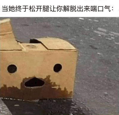 这是一张充满戏谑幽默感的网络梗图，上方配有文案“当她终于松开腿让你解脱出来喘口气：”，下方是一个经过简单改造的普通纸箱，箱体上被挖出两个圆形孔洞当作眼睛，下方的孔洞加上周围的痕迹，被拟人化为刚经历疲惫后大喘气、一脸虚脱的表情。图片通过将日常物品赋予拟人化的情绪状态，调侃了亲密相处后那种疲惫又解脱的场景，用夸张搞笑的方式引发网友共鸣。