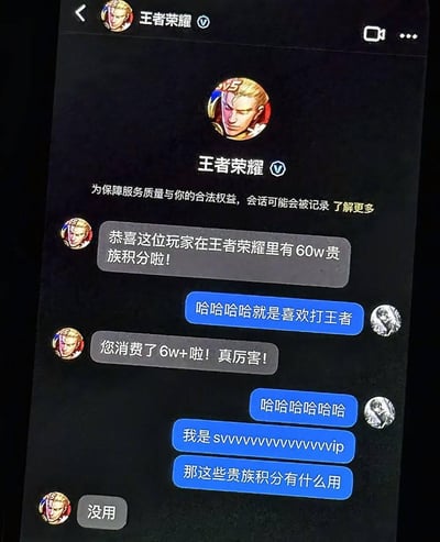 图片展示了微信聊天界面中“王者荣耀”官方账号与用户的对话记录。官方账号先恭喜用户获得60万贵族积分并提及消费超6万元，用户以夸张语气自称“svvvvvvvvvvvip”并询问积分用途，最终官方账号回复“没用”。整体内容通过虚构对话讽刺游戏中高额消费获取的VIP积分实际无实用价值，带有明显的幽默与调侃意味。