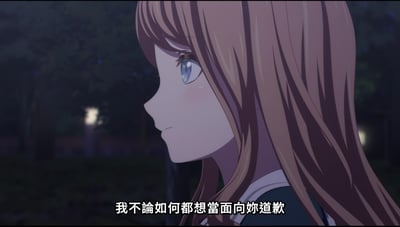 动漫《MyGO!》中的场景截图，展示了一位有着棕色长发和蓝色眼睛的女性角色的侧脸特写。角色身处夜晚的户外环境，背景有模糊的树木和灯光，眼神望向左侧，表情温柔中略带忧伤。画面底部配有白色字幕：“我不论如何都想当面向你道歉”，传递出角色内心的真挚情感。