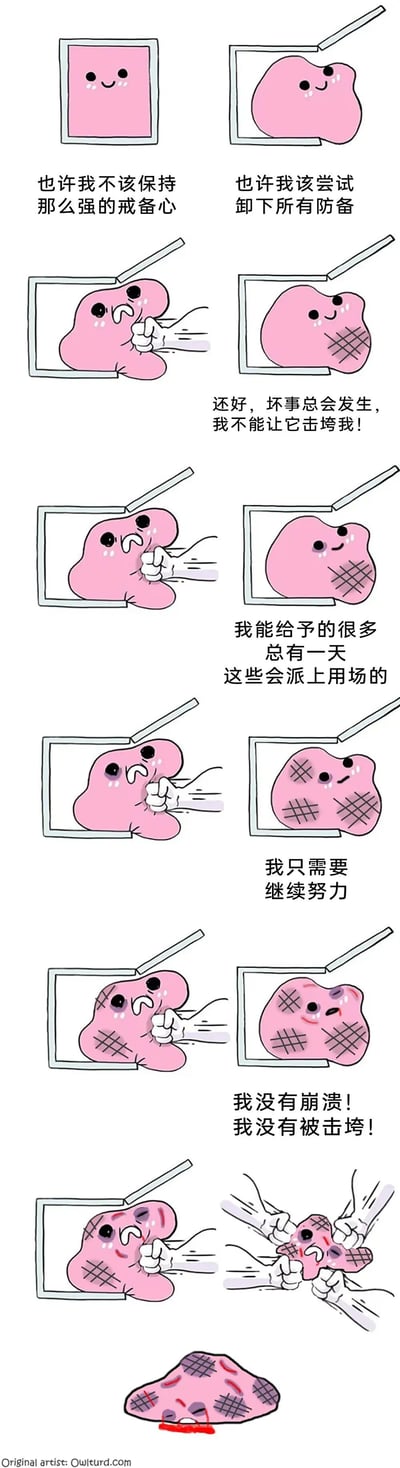 这是一组竖版连环卡通漫画，以拟人化的粉色方块形象为核心，讲述了一段充满情绪起伏的经历：一开始，粉色形象待在封闭的方框里，面带微笑地反思自己“不该保持那么强的戒心”，随后决定“卸下所有防备”钻出方框。但紧接着它就遭到了拳头的击打，身上出现了伤痕，它强撑着握拳给自己打气，告诉自己“坏事总会发生，我不能让它击垮我”；之后它又多次被击打，每次受伤后都用自我鼓励的话语支撑自己，比如坚信“我能给予的很多，总有一天这些会派上用场”、“我只需要继续努力”，即便身上的伤痕越来越多，它依然嘴硬说着“我没有崩溃！我没有被击垮！”，直到最后被多只拳头同时击打，它彻底失去力气瘫倒在地，满脸伤痕、嘴角流血，最终崩溃。漫画用直白的画面和文字，生动地刻画了人们在尝试敞开心扉、卸下防备后，却不断遭遇现实打击，从自我鼓励到最终情绪崩溃的真实心理过程，很容易引发共鸣。