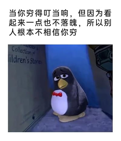 这是一张二次创作的网络梗图，上方配有吐槽文字“当你穷得叮当响，但因为看起来一点也不落魄，所以别人根本不相信你穷”，下方是截取自动画《马达加斯加的企鹅》的角色截图：企鹅Private（菜鸟）缩在角落，眼神忧伤、表情委屈低落，完美契合文字所描述的处境——自身经济拮据但仍维持着表面的体面，因此不被他人理解窘迫的现状，只能独自承受这份不被共情的委屈，精准戳中了有类似经历人群的情绪。