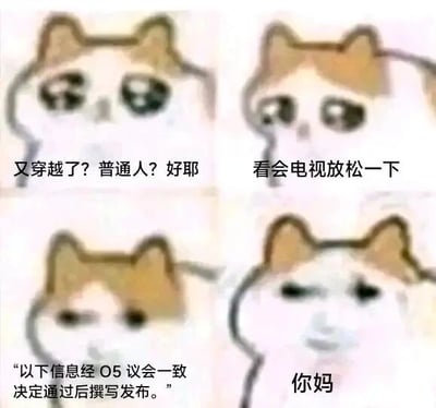 这是一张由四格组成的连环梗图，采用网络流行的mur猫（悲伤猫）表情包作为主角形象，通过剧情的反转制造搞笑效果。第一格中，猫咪眼神亮晶晶，配文“又穿越了？普通人？好耶”，表现出主角穿越成为普通人后摆脱异常生活的喜悦；第二格猫咪神态放松，配文“看会电视放松一下”，呈现出主角想要享受普通日常的状态；第三格猫咪眼神变得凝重，配文“‘以下信息经O5议会一致决定通过后撰写发布。’”，其中O5议会是SCP基金会世界观中的最高决策机构，暗示主角并没有真正进入普通世界，依旧被异常相关内容包围；第四格猫咪表情愤怒且无语，配文“你妈”，将主角期望落空的暴怒情绪直接表现出来，形成强烈的反差笑点，戳中了SCP爱好者对该设定的熟悉感，同时用直白的吐槽放大了喜剧效果。