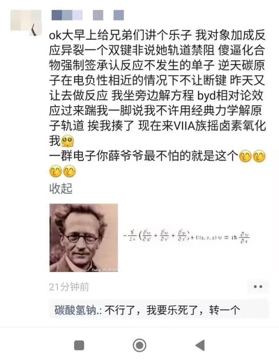 这是一条微信朋友圈截图，发布者将和对象的日常拌嘴趣事，用有机化学、量子力学等硬核学科术语包装成一场「学术对战」：吐槽对象像「轨道禁阻的化合物」不让他用经典力学解原子轨道，自己揍了对方后被「VIIA族卤素氧化」，最后配上埃尔温·薛定谔的照片和薛定谔方程，自称「薛爷爷」表示不怕电子相关的攻击，评论区有用户表示要转发。整体将情侣小矛盾转化为趣味化的学术梗，充满理科生的独特幽默感。