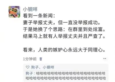 这是一张社交媒体动态截图，推测来自微信朋友圈。发布者昵称是“小钢咩”，头像是卡通风格的形象。动态内容为发布者分享了一则见闻：一位妻子举报丈夫多次未获成功，于是转换思路在群里炫富，很快就有人举报丈夫，相关部门也对其展开了严查。发布者借此发出感慨“人类的嫉妒心永远大于同理心”。在动态下方，好友“狗子”留下了一条由大量“哈哈”组成的评论，以诙谐的方式回应了这条动态，整体呈现了用户在社交平台分享社会见闻、发表个人观点并与好友互动的日常场景。