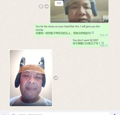 这是一段即时通讯软件的聊天记录截图，时间显示为“今天”。对话中，发送者先发出一张将鞋子绑在头上的人物图片，随后用中英双语发送消息：“You tie the shoes on your head like him, I will give you the money 你像他一样把鞋子绑在你的头上，我就会把钱给你”，紧接着又追问：“You don't want $2,500? 你不想要2500美元了吗？”；在15:28，接收者回复了一张自己的照片，他用布将一双鞋子绑在了自己的头上，表情带着无奈又配合的神态，完全执行了发送者提出的离谱要求，整个对话充满了搞笑的反差感，是朋友间的趣味整活互动。
