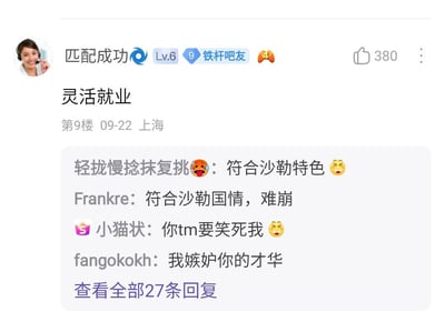 这是一张百度贴吧的帖子截图，楼主「匹配成功」仅发布了「灵活就业」四个字，立刻引发吧友的玩梗互动。评论区里，吧友们纷纷用「符合沙勒特色/国情」来调侃，还有吧友表示被戳中笑点、佩服楼主的脑洞，回复多达27条。
> 梗说明：这里的「沙勒」是虚构的语境设定，将现实中的「灵活就业」套入虚构的「沙勒」国情中，用反差感制造戏谑搞笑的效果，属于贴吧常见的玩梗方式。