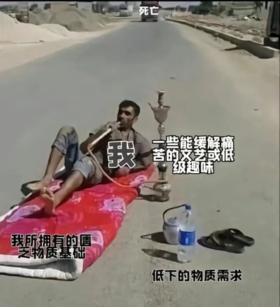 图片中一名男子坐在沙漠公路中央的红色花纹毯子上，赤脚，手持水烟壶正在抽水烟。周围环境荒凉，道路两旁是沙土堆和简陋建筑，远处有车辆驶来。图片上叠加多处文字：顶部中央为“死亡”，男子身旁标有“我”，右侧文字为“一些能缓解痛苦的文艺或低级趣味”，左下角为“我所拥有的匮乏物质基础”，右下角为“低下的物质需求”。整体通过对比荒凉环境、简陋物质条件与男子淡然抽水烟的状态，形成一种对物质匮乏与精神慰藉关系的自嘲式表达。