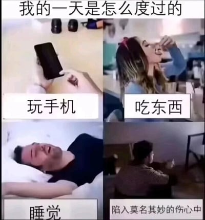 这是一张四格拼接的图文混排图，顶部配有标题文字“我的一天是怎么度过的”，四个格子分别呈现了当代年轻人日常的四种典型状态：左上是一双手拿着手机的画面，配文“玩手机”；右上是一位女性正抬手将食物送入口中进食的画面，配文“吃东西”；左下是一位男性躺在床上，呈现出放松的睡颜，配文“睡觉”；右下是一个人背对镜头独自坐着的画面，配文“陷入莫名其妙的伤心中”。整张图用贴近生活的场景，精准调侃了很多人重复、平淡却又偶尔会没来由情绪低落的日常状态，容易引发年轻人的共鸣。