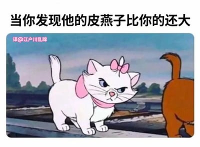 图片展示了迪士尼动画《猫儿历险记》中的角色玛丽猫（一只戴着粉色蝴蝶结和围巾的白色猫咪），她正愤怒地盯着前方另一只橘猫的背影。图片上方配有文字："当你发现他的皮燕子比你的还大"，其中"皮燕子"是中文网络用语中对"肛门"的幽默称呼。整个表情包通过玛丽猫愤怒的表情和文字内容形成一种反差萌的搞笑效果，暗示了发现别人在某个方面超过自己时的惊讶和不服气情绪。