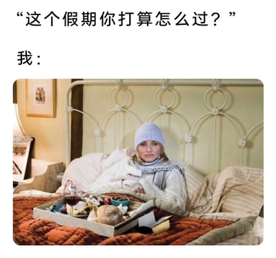 这是一张精准戳中大众假期心态的图文梗图，上方以文字提问“这个假期你打算怎么过？”，下方用“我：”引出一张影视截图作为回应。画面中，来自电影《BJ单身日记》的角色布里奇特·琼斯穿着厚实的毛衣、帽子和围巾，舒适地窝在床上，面前的托盘里摆满了丰富的餐点和一杯红酒，呈现出完全放松、足不出户的状态。整个画面传递出一种拒绝假期奔波、只想宅家躺平、彻底摆烂休息的慵懒心态，精准表达了很多人对“宅家式度假”的向往，用慵懒舒适的视觉效果引发大众共鸣。