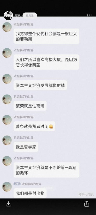 这是一张社交媒体聊天记录截图，展示了用户"硝烟散尽的世界"发表的一系列具有争议性的哲学评论。该用户将现代社会、高楼大厦、资本主义经济发展等概念通过性隐喻进行解释，如将现代社会比作"巨大的菲勒斯"，高楼大厦比作"阴茎"，资本主义经济发展比作"射精"，繁荣比作"性高潮"，萧条比作"贤者时间"等。最后还自称"哲学家"，并提出"资本主义经济就是不断炉管一高潮的循环"和"我们都是射出物"的观点。