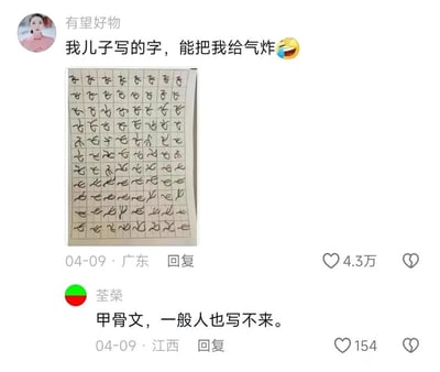 这是一张竖屏格式的社交媒体截图，内容是用户“有望好物”在04-09于广东发布的一条动态，动态中晒出了自己儿子写的作业，配文表示孩子的字潦草到让自己气炸😆。作业纸上的字迹写在田字格中，但每个字都极度扭曲变形，完全无法辨认出是规范的汉字，更像是随意画的符号。这条动态获得了4.3万的点赞。在动态下方，用户“荃榮”于04-09在江西评论道“甲骨文，一般人也写不来。”，用调侃的方式形容孩子的字迹像难以辨认的甲骨文，这条评论获得了154个点赞，形成了有趣的互动。