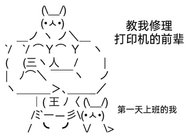 这张图片是一幅搞笑的ASCII字符画梗图，画面分为上下两部分，上方是用字符组成的、神态淡定的“教我修理打印机的前辈”形象，看起来专业且熟练；下方是用字符组成的、神态茫然紧张的“第一天上班的我”，形象呈现出手足无措的姿态。通过对比前辈的专业从容和职场新人的窘迫茫然，生动地还原了第一天上班的新人面对陌生工作任务时的紧张、无措的心态，用诙谐的形式引发职场新人的共鸣。