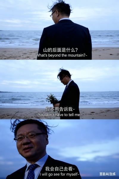 三张竖版拼接的静态图片，展示一位西装男子在海滩的场景。第一张图中，男子背对镜头望向远方，头发被风吹起，配文“山的后面是什么? -What's beyond the mountain?-”；第二张图中，男子手持一小束花，继续望向海面，配文“你不用告诉我- -You don't have to tell me-”；第三张图为男子面部特写，眼神坚定，配文“我会自己去看- -I will go see for myself-”。整体氛围励志，传达自我探索的主题。图片右下角有“豆包AI生成”水印，表明为AI生成图像。