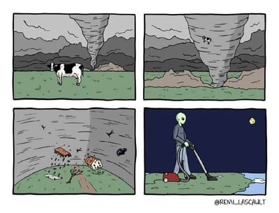 四格连环漫画展现奇幻幽默场景：第一格，白天的草地上，一头奶牛平静站立，远处有龙卷风正在形成；第二格，龙卷风靠近，奶牛被卷入空中；第三格，龙卷风变得更强劲，卷起房屋、树木等各种杂物；第四格，画面切换到夜晚，原来龙卷风是绿色外星人手持吸尘器制造的效果，外星人正在“清洁”地面，月亮高挂在深蓝色夜空中。