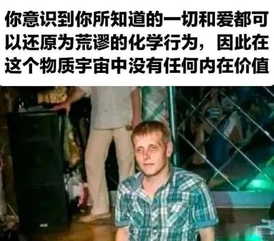这是一张顶配底文的图文混排静态梗图，上方配有一段充满存在主义虚无感的文字，内容为“你意识到你所知道的一切和爱都可以还原为荒谬的化学行为，因此在这个物质宇宙中没有任何内在价值”，下方是一张真实拍摄的照片，照片场景看起来像是酒吧或聚会场所，画面中的男子坐着，眼神空洞、面容疲惫，神情萎靡，姿态无力，文字传递的对人生价值的怀疑与低落情绪，和男子的状态完美契合，将抽象的虚无感具象化，用来表达人们在思考存在意义时产生的沮丧、无力的情绪。