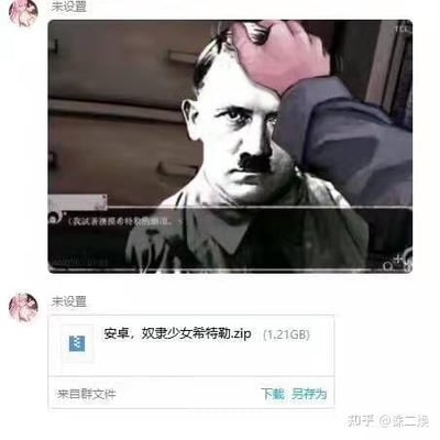 这是一张上下结构的图文混排恶搞梗图，上方是经过P图改编的历史人物希特勒的图像，一只手在他头部附近做出动作，画面配有字幕“(我试着摸摸希特勒的胡须。)”；下方是QQ群文件的截图，显示一个名为“安卓，奴隶少女希特勒.zip (1.21GB)”的文件，附带下载和另存为选项。图通过将严肃的历史人物形象与恶搞的荒诞文件名结合，制造出反差感，达到搞笑的效果。