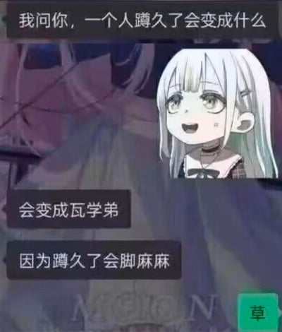 一张动漫风格的梗图，展示了一个白发女孩微笑着提出一个问题："我问你，一个人蹲久了会变成什么"。答案是"会变成瓦学弟"，解释是"因为蹲久了会脚麻麻"。这是一个谐音梗，利用"脚麻麻"（脚麻木）和"瓦学弟"（虚构的称呼）发音相似制造笑点。右下角有一个"草"字，表示搞笑或好笑。
