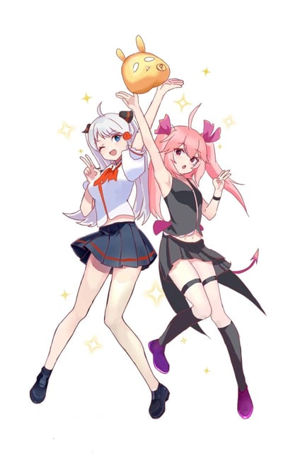这是一幅原创二次元数字插画，画面呈现两位风格迥异的元气少女：左侧是白发蓝眼的校园风少女，身着带红边的水手服款式校服，对着镜头wink并比出V字手势；右侧是粉发红眼的小恶魔风少女，有着恶魔尾巴，身着黑系露腰短裙装。两人一同双手托举着一个黄色兔耳面具，摆出灵动活泼的姿势，周围点缀着闪亮的星星特效，整体画面充满青春欢快的可爱氛围。