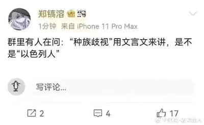 这是一张微博平台的用户动态截图，发布者为微博用户“郑镐溶”，动态显示来自iPhone 11 Pro Max，发布1分钟后获得了2次转发、4条评论、17个点赞。动态内容是分享群内的一个趣味提问：“‘种族歧视’用文言文来讲，是不是‘以色列人’”，此处运用了谐音梗，“以色列人”谐音“以视歧人”，字面含义为用目光歧视他人，恰好对应“种族歧视”的意思，以此制造出幽默搞笑的效果。截图右下角还有“@袍哥-教书的人”的微博水印。