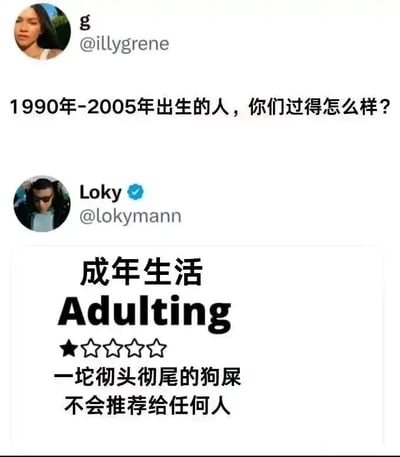 这是一张推特（X平台）的静态截图，内容分为两部分：上方是用户g（账号@illygrene）发布的提问，询问1990年到2005年出生的人群生活状态；下方是经过认证的用户Loky（账号@lokymann）的回复，该回复模仿电商平台的商品评价形式，将“成年生活”作为评价对象，给出了一星（★☆☆☆☆）的极低评分，并用“一坨彻头彻尾的狗屎，不会推荐给任何人”这样直白粗俗的语言，强烈表达了对成年生活的不满与抱怨，精准戳中了这一年龄段人群在步入成年后，面临工作、生活、经济等多重压力的负面情绪，容易引发同年龄段网友的情绪共鸣。
