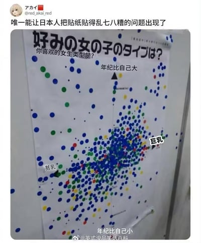 图片展示了一个日本街头调查海报，标题为「好みの女の子のタイプは?」(你喜欢的女生类型是?)。海报上原本应该整齐贴放的彩色圆点贴纸被贴得乱七八糟，形成了明显的聚集现象。最密集的区域被标注为「巨乳」，周围散落着少量标注为「贫乳」和「年纪比自己大/小」的贴纸。这种混乱的贴纸分布与日本人通常整齐有序的特点形成鲜明对比，通过幽默方式展现了男性对特定身材特征的偏好。