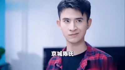图片展示了网络热梗‘龙王赘婿’中的标志性场景，画面中人物穿着红黑格子衬衫，内搭黑色T恤，背景为简洁的室内环境，人物面部表情冷峻，眼神坚定，下方配有文字‘京城陈氏’。该系列广告遵循‘卑微赘婿-身份揭露-打脸逆袭’的固定叙事模式，此画面可能处于身份即将揭露的关键节点。