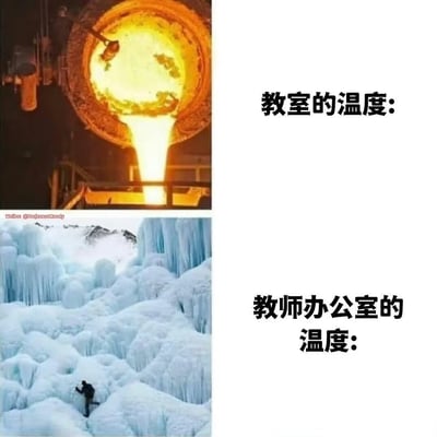 这是一张上下拼接的对比梗图，上方展示了炼钢炉倾倒炽热钢水的高温场景，搭配文字“教室的温度：”，夸张吐槽教室温度过高，仿佛置身于高温熔炉之中；下方呈现了布满冰柱的冰封冰原景观，配文“教师办公室的温度：”，调侃教师办公室温度低到如同冰天雪地。通过极端的冷热反差，讽刺学校里教室与教师办公室温差过大的不合理现象，引发师生的共鸣。