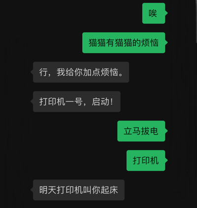 这是一张纯文字对话梗图，黑色背景上有绿色和灰色两种不同颜色的对话气泡。绿色气泡先感叹“唉”，然后说“猫猫有猫猫的烦恼”。灰色气泡回应“行，我给你加点烦恼”，接着说“打印机一号，启动！”。绿色气泡立刻回应“立马拔电”并说出“打印机”，最后灰色气泡威胁“明天打印机叫你起床”。整个对话营造出一种幽默的生活场景，用“猫猫的烦恼”作为引子，展开关于打印机作为烦恼来源的有趣互动。