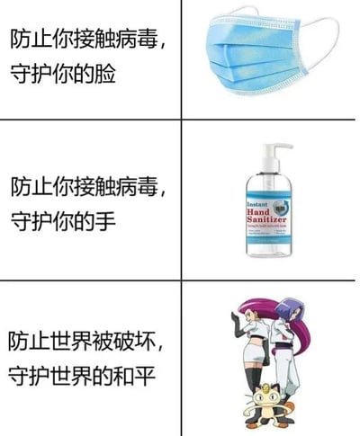 图片为三行两列的图文混排结构。第一行左侧文字“防止你接触病毒，守护你的脸”，右侧是蓝色医用口罩插图；第二行左侧文字“防止你接触病毒，守护你的手”，右侧是标有“Instant Hand Sanitizer”的洗手液瓶插图；第三行左侧文字“防止世界被破坏，守护世界的和平”，右侧是《精灵宝可梦》中火箭队成员杰西、詹姆斯及喵喵的经典卡通形象。通过从个人防疫（脸、手）到守护世界和平的递进式对比制造幽默效果，第三行文字直接引用火箭队标志性台词。