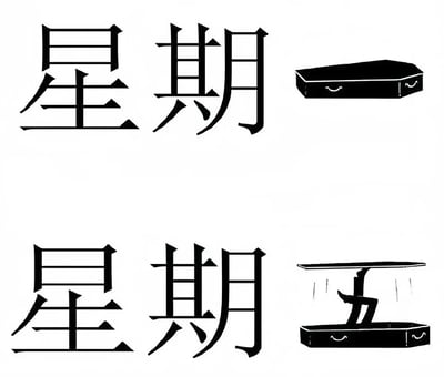 图片分为上下两部分，均为黑白风格。上半部分左侧是大号“星期”汉字，右侧是一个带有笑脸（弯曲线条组成眼睛和嘴巴）的黑色棺材插图；下半部分左侧同样是“星期”汉字，右侧棺材的盖子被顶起，露出桌腿状物体，暗示有人在棺材内向上推盖。整体通过棺材这一幽默元素，调侃人们面对星期（尤其是工作日）时的疲惫或“摆烂”心态。