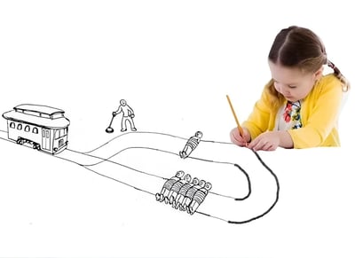 图片中一个扎着双马尾的小女孩穿着黄色外套，正用铅笔在白色背景上画画。她的画作包含一辆火车、一个拿着铲子的人、一个躺着的人以及一群排队的人，通过一条蜿蜒的路径连接在一起。整个画面展现了孩子丰富的想象力和绘画过程。
