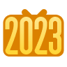 这是一张风格化的静态图标，主体为黄色的阿拉伯数字“2023”，数字上方搭配了一个棕色的领结样式装饰，整体呈现出温暖的色调与简洁的卡通风格，属于装饰类素材，适合用于2023年新年相关的设计场景，比如贺卡配图、社交媒体新年动态装饰、主题标识等。