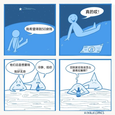 这是一组四格原创幽默漫画，第一格中蓝色卡通小人对着划过的流星许愿，希望得到50块钱；第二格中小人看到地上出现的50元钞票惊喜不已，而钞票上的头像正是流星的模样；第三格画面切换到水中，两个流星形态的角色正在发愁，其中一个抱怨人类总是许愿要钱，自己很无奈，另一个则拿着酒瓶安慰它；第四格中，之前抱怨的流星埋着头，苦恼地思索回家后该如何向家人“希拉”解释这笔“钱”的去向，用荒诞的反转将流星许愿的奇幻设定和现实生活中的家庭经济烦恼结合，制造出搞笑又贴近生活的幽默效果。