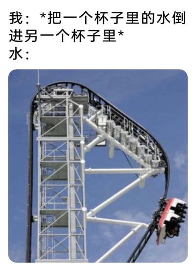 这是一张顶配底文的搞笑梗图，采用图文结合的形式呈现趣味内容。上方文字模拟对话场景：“我”做出把一个杯子里的水倒进另一个杯子的日常动作，随后用一张过山车即将从高处俯冲而下的图片来代表“水”的状态，将倒水这个普通动作夸张成如同坐过山车一样的刺激体验，通过日常场景与极限游乐项目的反差感，制造出幽默搞笑的效果，调侃了水在倾倒过程中的快速流动感。