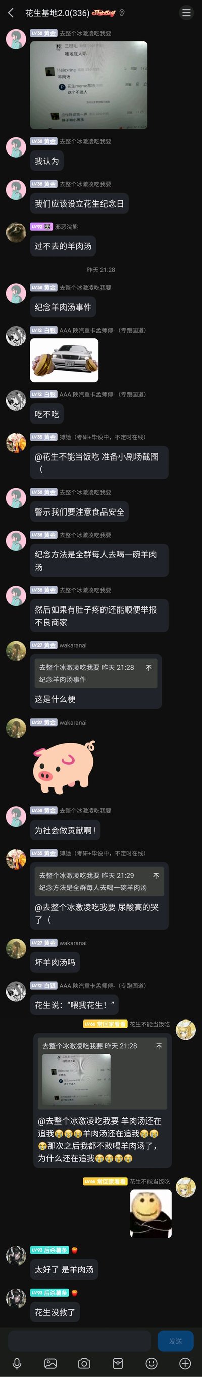 这是一张QQ群“花生基地2.0(336)”的聊天记录截图，群成员围绕群内的“羊肉汤事件”展开轻松搞笑的玩梗讨论。用户“去整个冰激凌吃我要”率先提议设立花生纪念日来纪念该事件，还提出以全群每人喝一碗羊肉汤、若出现肚子疼就举报不良商家的方式进行“纪念”，称此举是为社会做贡献；其他群友纷纷互动，有人调侃尿酸高的人会因此难受，有人询问梗的由来，成员“花生不能当饭吃”则表现出对羊肉汤的“恐惧”，还发送了相关截图和委屈的表情包，另有成员玩梗附和，过程中还穿插了趣味图片和表情包，整体氛围欢快，充满群友间的趣味互动。