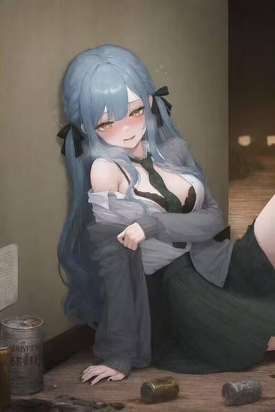 图中是一位蓝发动漫少女，她靠墙坐在地上，头发上系着黑色蝴蝶结。少女穿着灰色外套和黑色短裙，内搭白色上衣和黑色领带，领口微开露出黑色蕾丝内衣。她的脸颊泛红，眼神迷离带着娇羞的微笑，一只手搭在膝盖上，另一只手撑在地上。周围散落着几个啤酒罐，营造出一种慵懒又略带颓废的氛围。